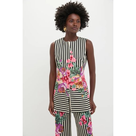 NWT Tuckernuck Striped Floral Tunic Top Vest Denim Size 8 Zip up - Picture 3 of 7